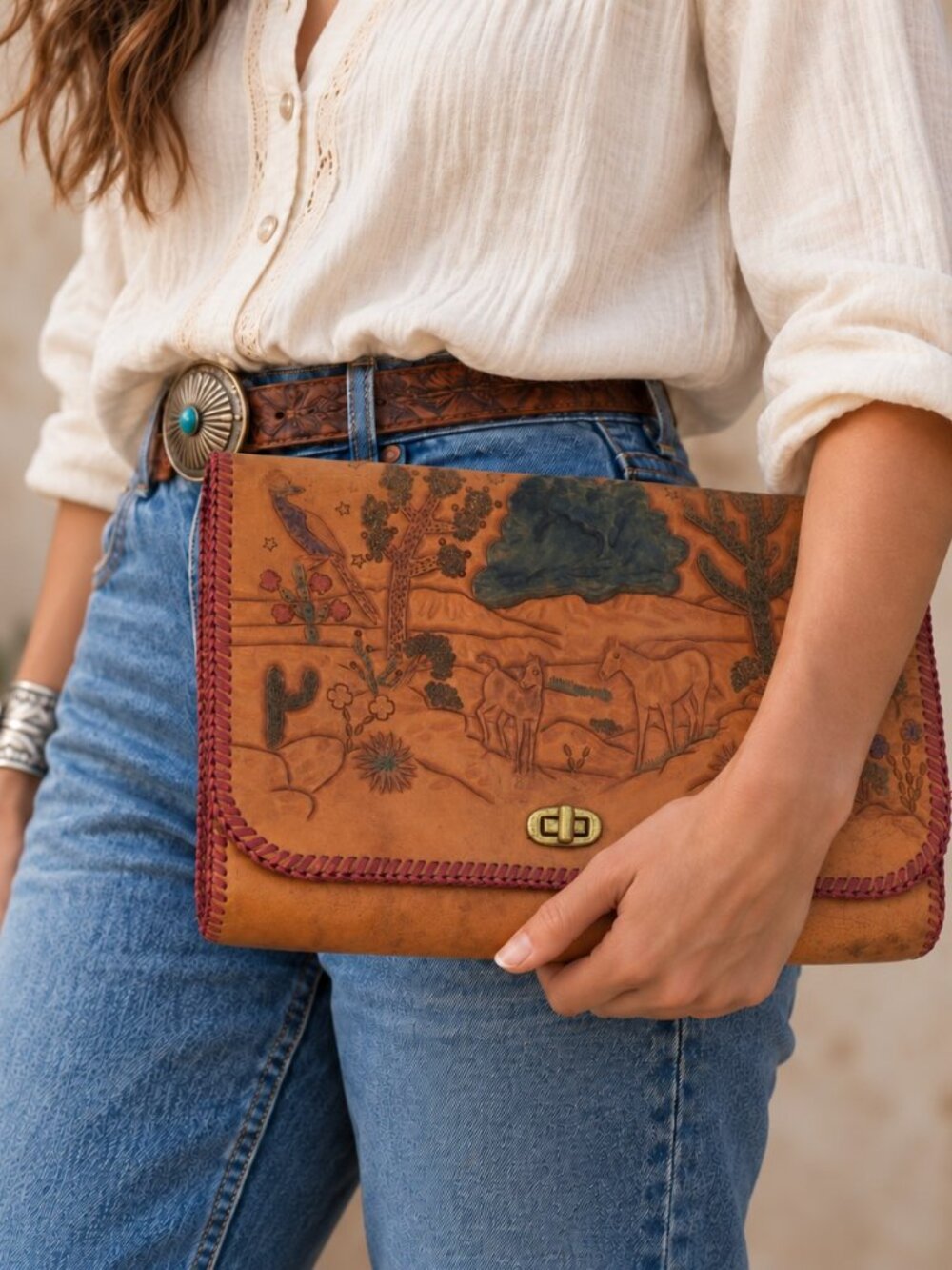 Vintage 70s Tooled Leather Clutch Purse Western Horse Cactus Desert Turn Lock